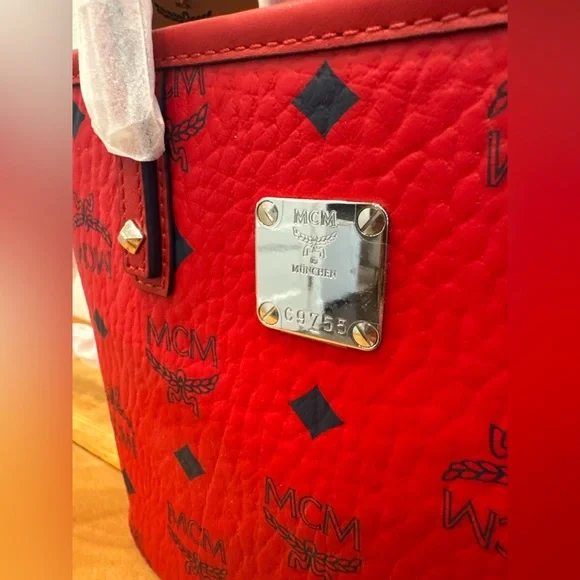 MCM Red Logo Tote with Black Monogram Accents - Picture 7 of 9